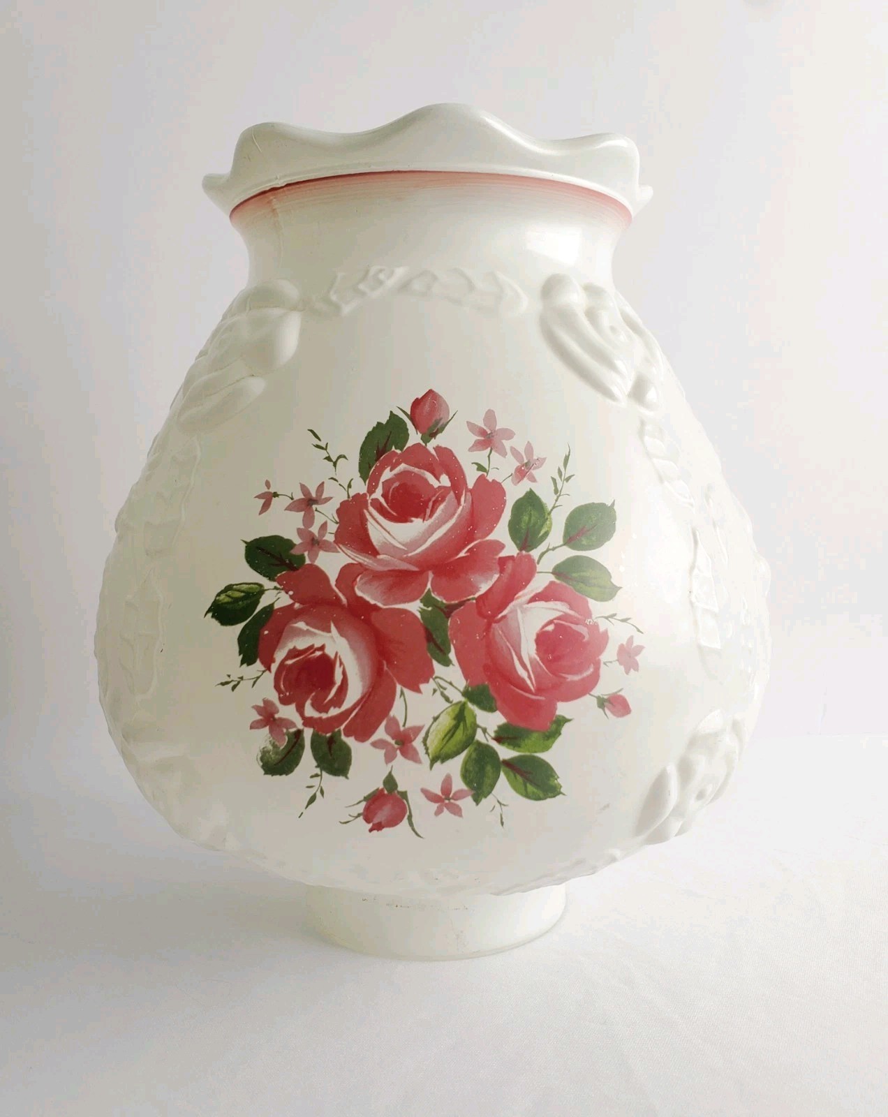 Vintage Pink & White Floral Milk Glass Globe Lamp with Embossed Rose Pattern Vintage Pink & White Floral Milk Glass Globe Lamp with Embossed Rose Pattern