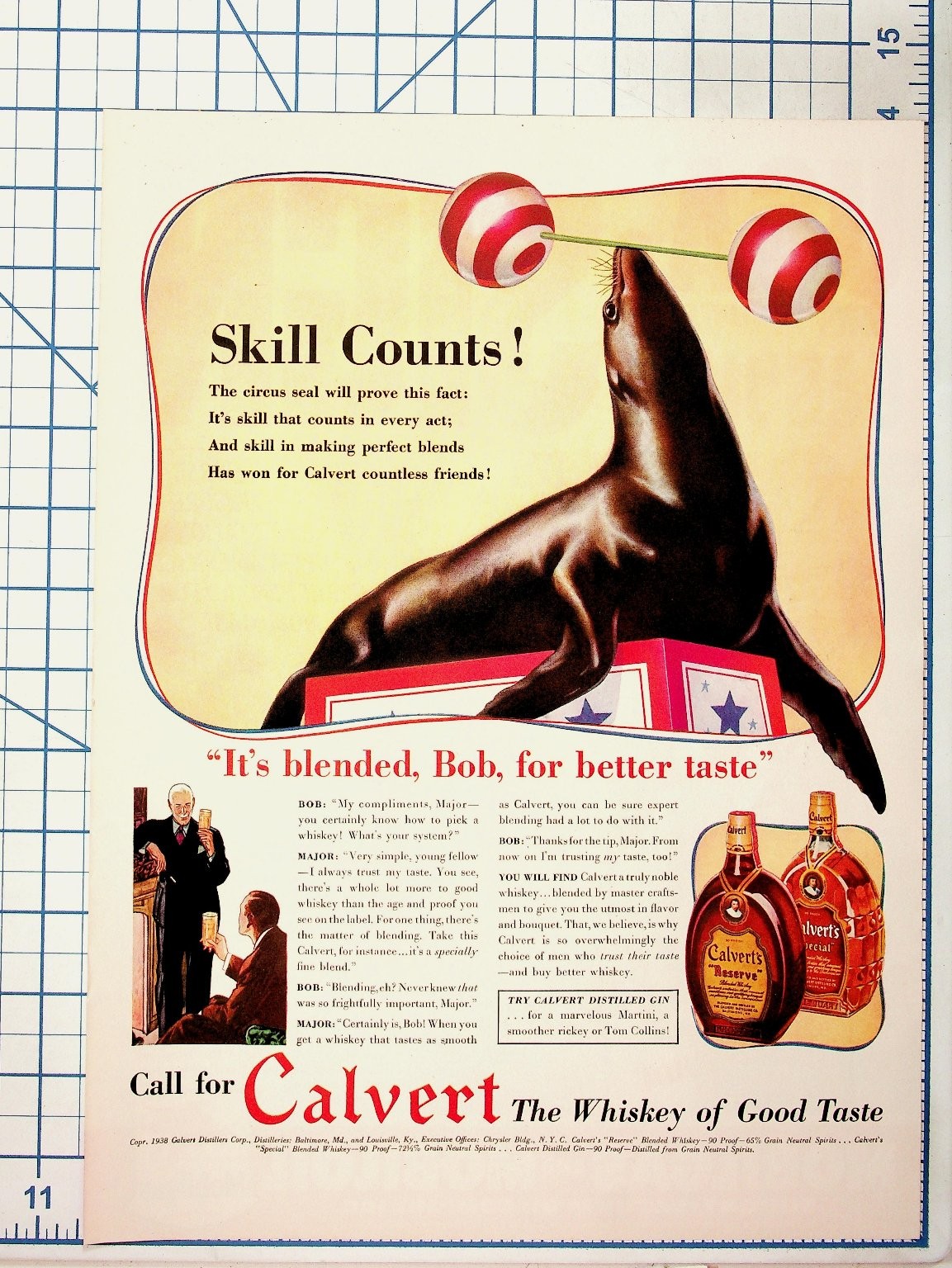 1938 Calvert Whiskey Ad Circus Seal Skill Counts Vintage Magazine Print Ephemera 1938 Calvert Whiskey Ad Circus Seal Skill Counts Vintage Magazine Print Ephemera