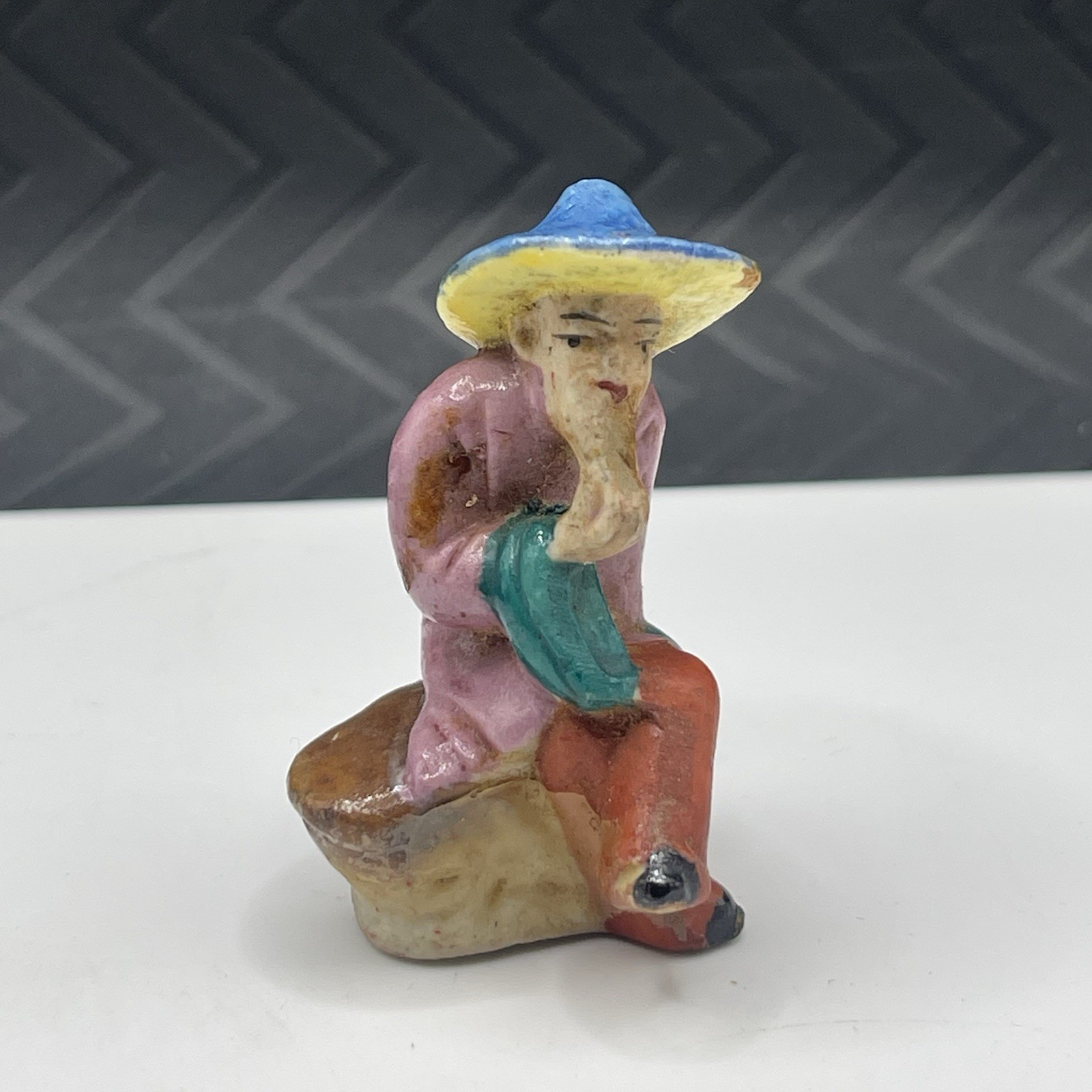 Vintage Hand Painted Japanese Figurine Seated Man Blue Hat Made in Japan