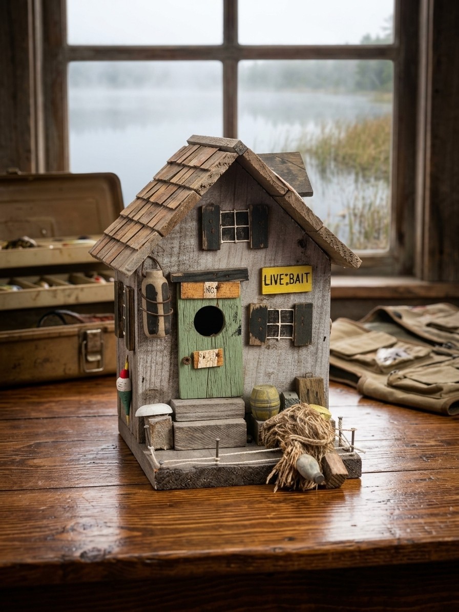 Vintage Handcrafted Wooden Birdhouse Live Bait Shack Rustic Fishing Cabin Decor Vintage Handcrafted Wooden Birdhouse Live Bait Shack Rustic Fishing Cabin Decor