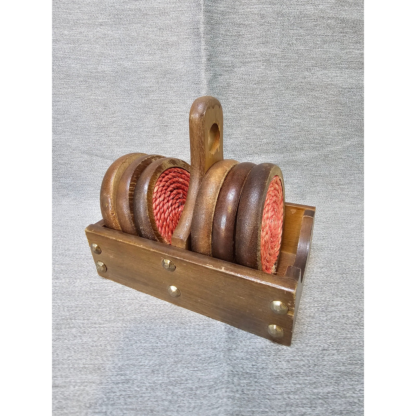 MCM Vintage Wood Orange Jute Kimko Taiwan Coasters 6.25 X 4.5 X 6 Set of 6