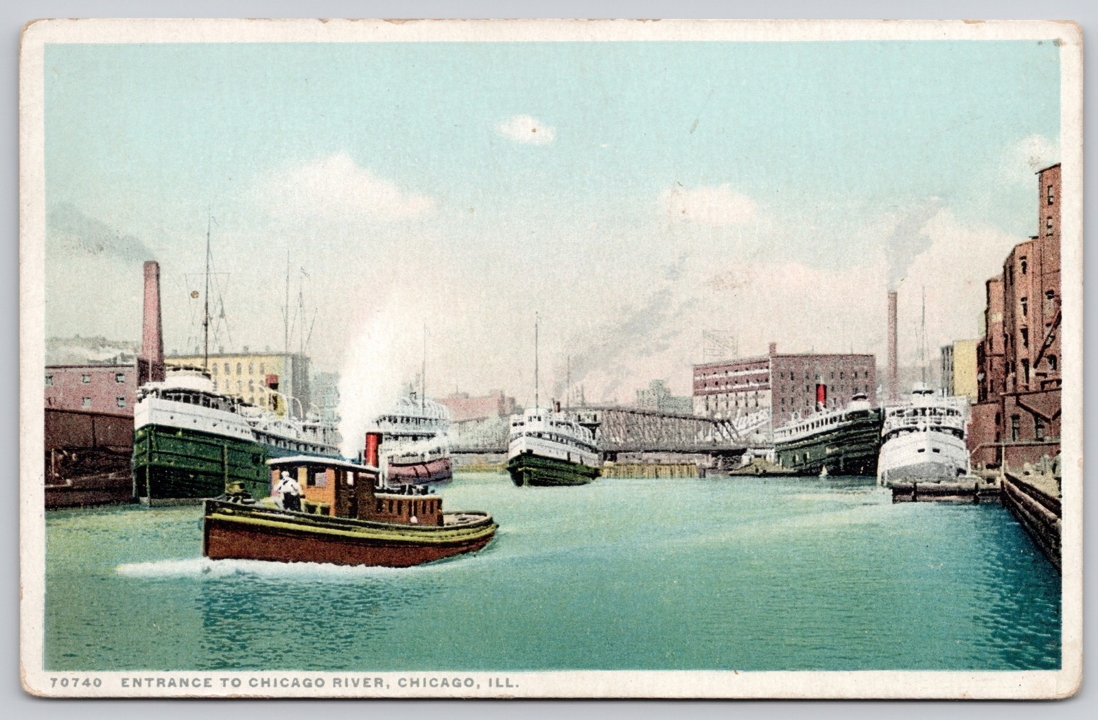 Chicago Illinois IL Chicago River Entrance Steamers Boats Postcard c1910s
