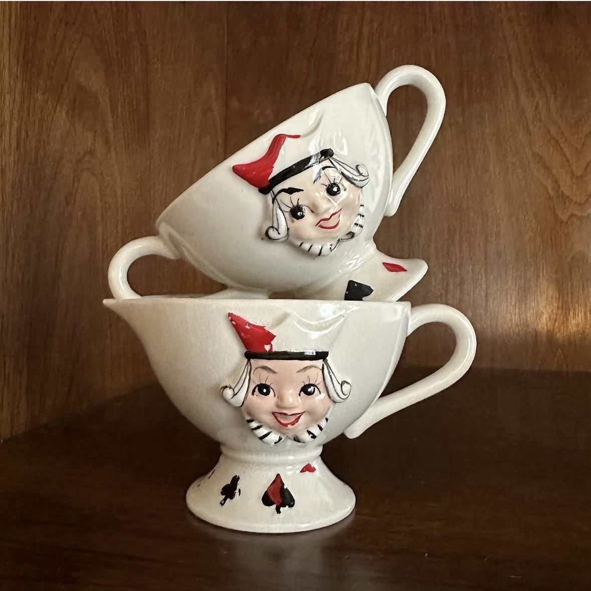 Vtg ‘50s KREISS White Bridge Set QUEEN OF HEARTS Midcentury 2pc. Sugar & Creamer