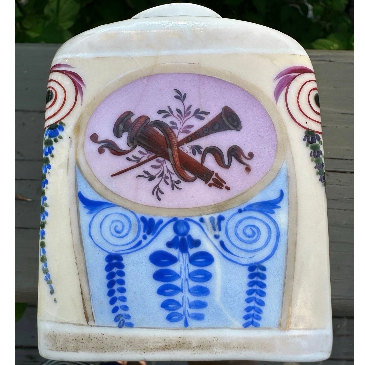 Vintage Antique Porcelain Tea Caddy unique Hand-painted rare 4.5x3” musical horn Vintage Antique Porcelain Tea Caddy unique Hand-painted rare 4.5x3” musical horn