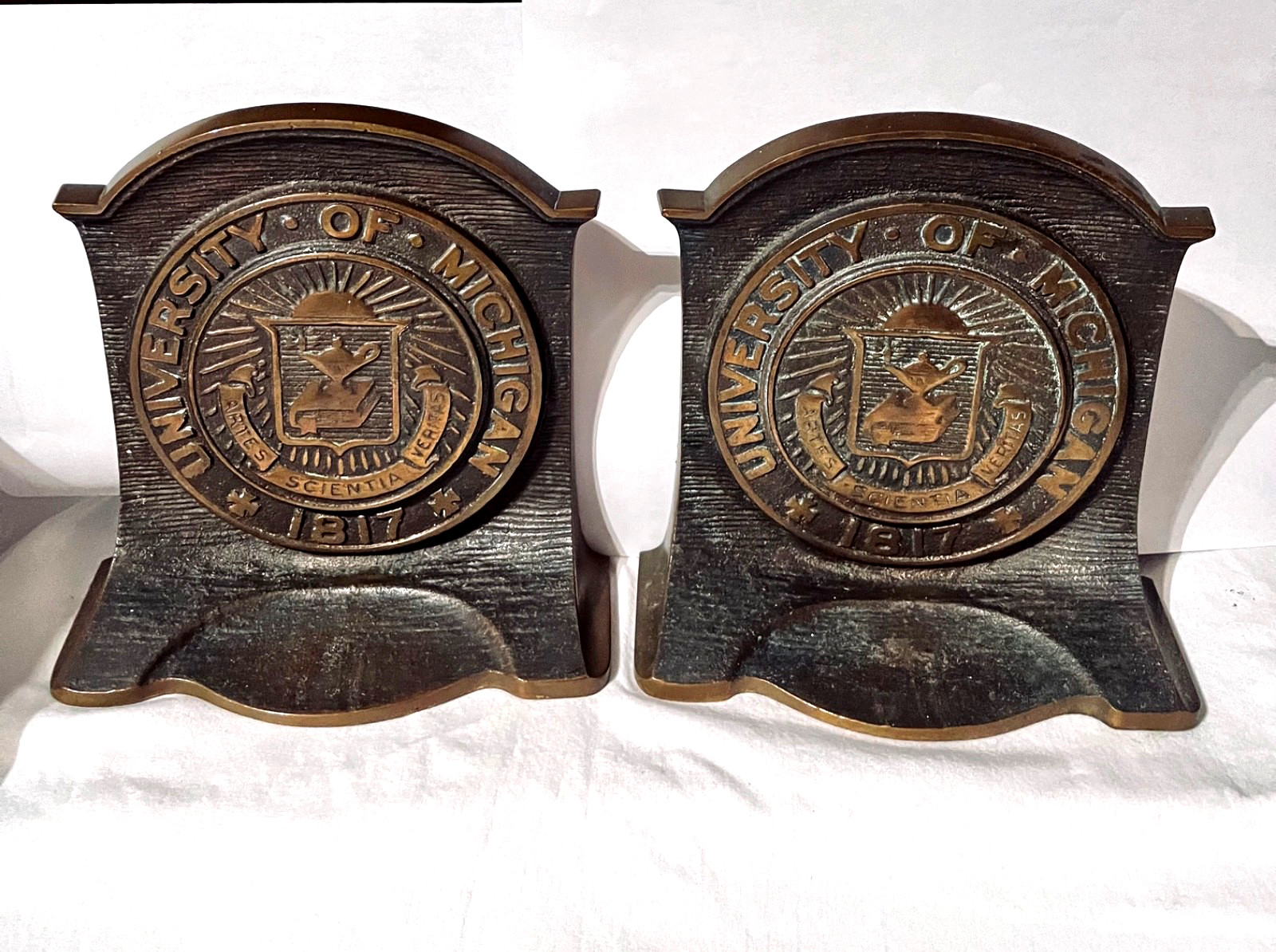 UNIVERSITY OF MICHIGAN PAIR OF BRONZE = NOT CAST IRON  = BOOKENDS 1930-1940\'S