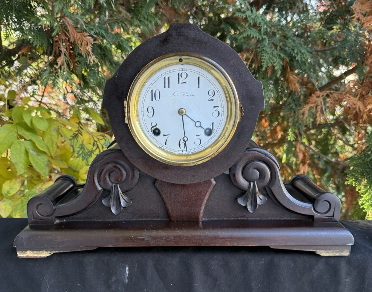 Antique 1913 New Haven Mahogany Tambour #5 Mantle Clock - SEE VIDEO ALL ORIGINAL