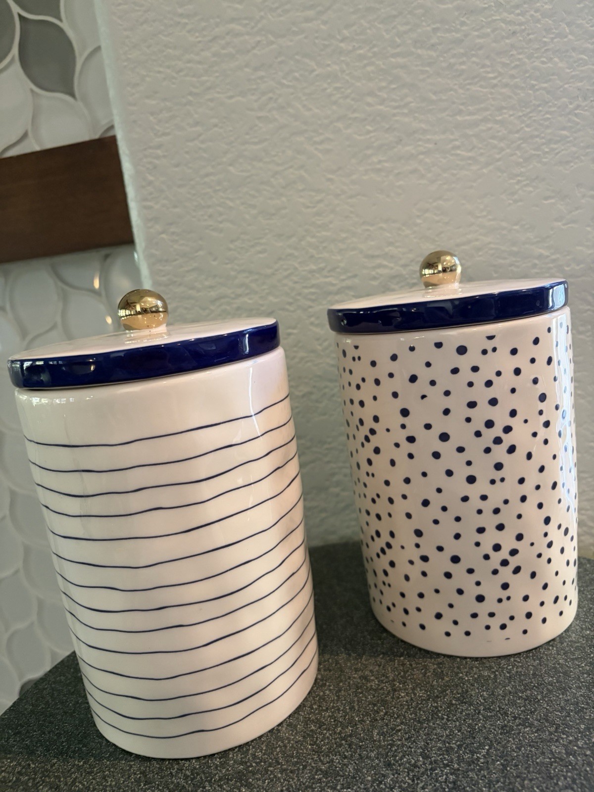 Pair Of Boutique Patterned Canisters Indigo By Magenta HTF Gold Knob EUC Pair Of Boutique Patterned Canisters Indigo By Magenta HTF Gold Knob EUC