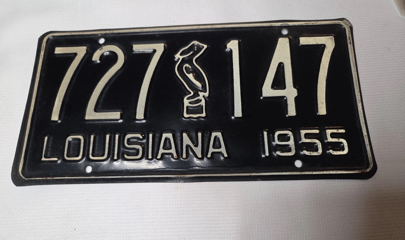 Vintage 1955 Louisiana License Plate Black White Pelican Original YOM Authentic