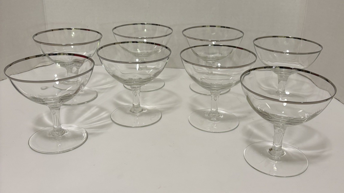 Vtg Schott Zwiesel Neckar Platinum Rim Cocktail Coupes Set (8) Crystal W Germany