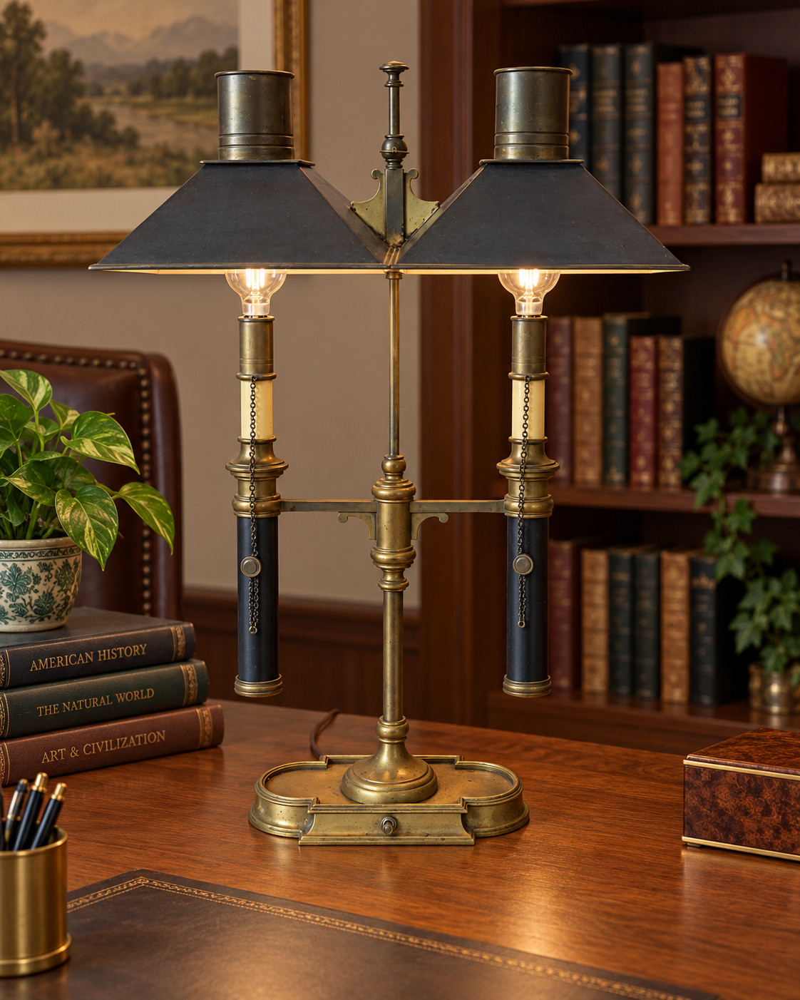 Chapman vintage Empire-style brass bouillotte/library table lamp Vintage 25in