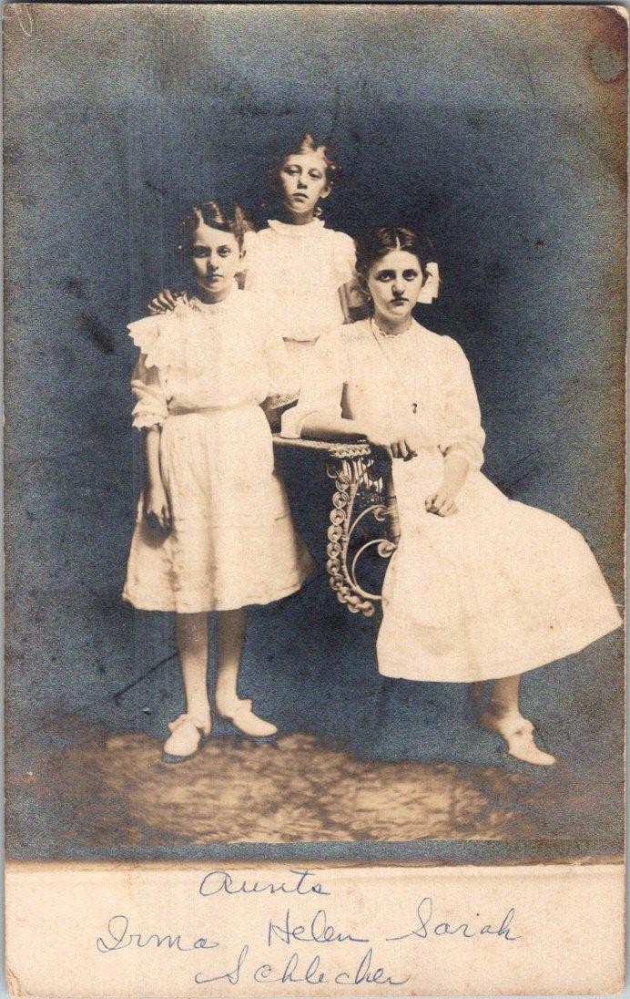 1907-20's RPPC 3 GIRLS IRMA HELEN & SARAH SCHLEICHER EAST GREENVILLE PA POSTCARD