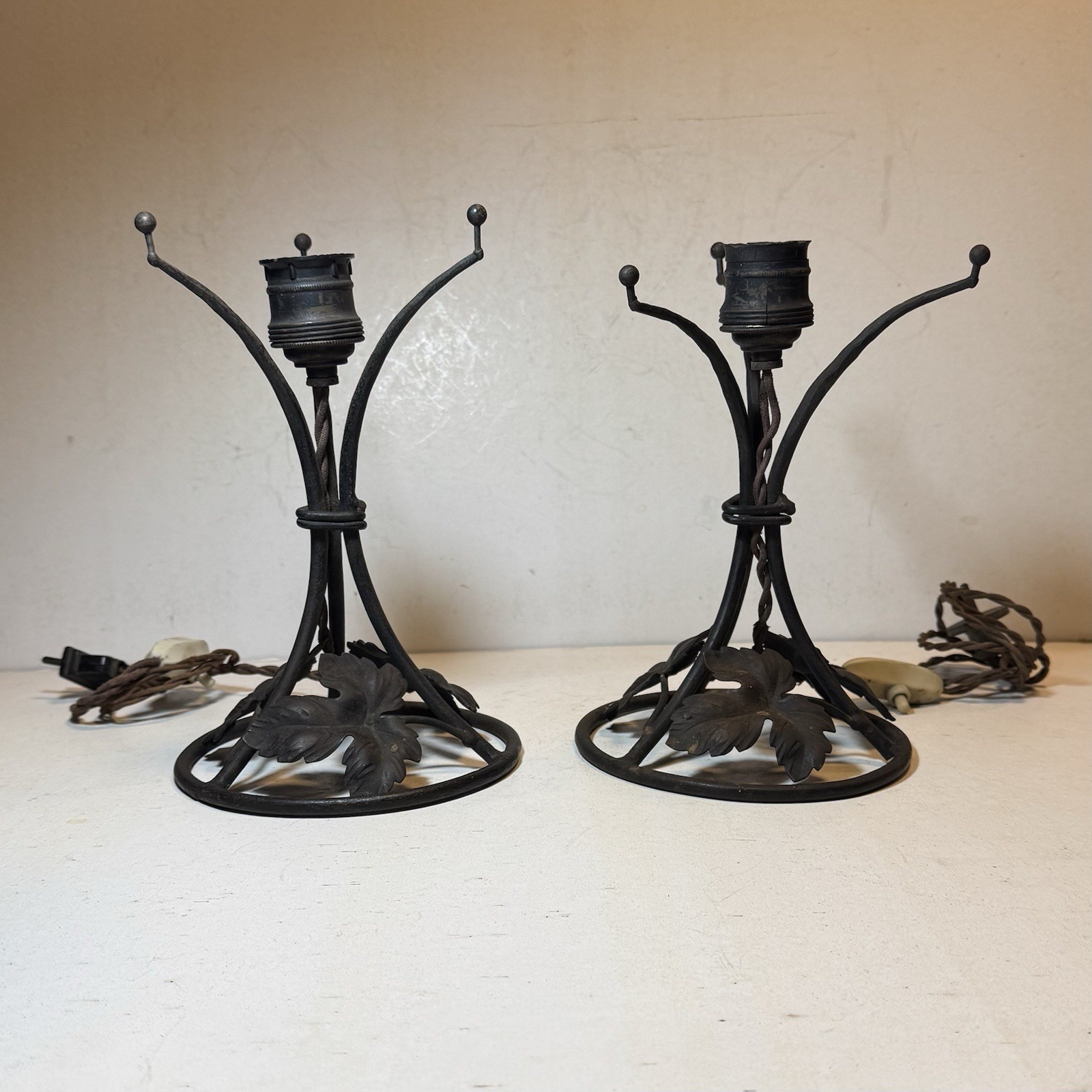 Antique French Art Deco Nouveau Wrought Iron Desk Lamp Base Muller Style Pair