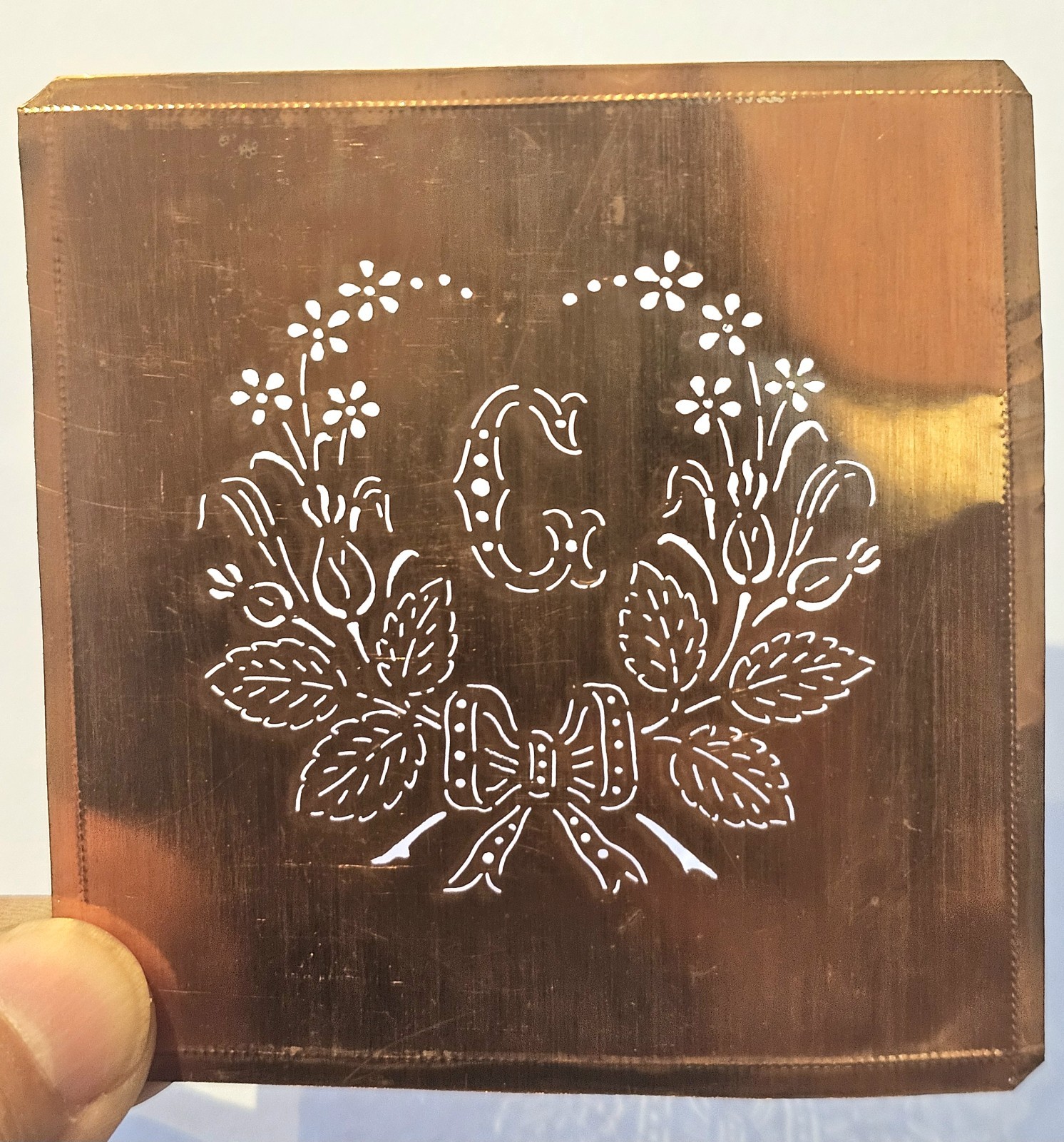 Antique Copper Monogram Stencil Letter G – Ornate Alphabet Plate c.1880–1920 G1