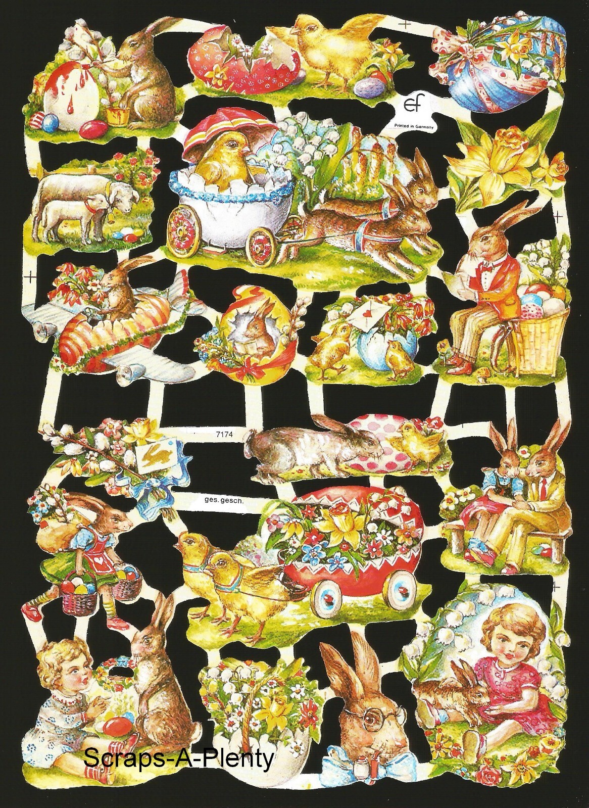 German Embossed Vintage Style Scrap Die Cut Easter Chicks, Bunny & Eggs EF7174 German Embossed Vintage Style Scrap Die Cut Easter Chicks, Bunny & Eggs EF7174