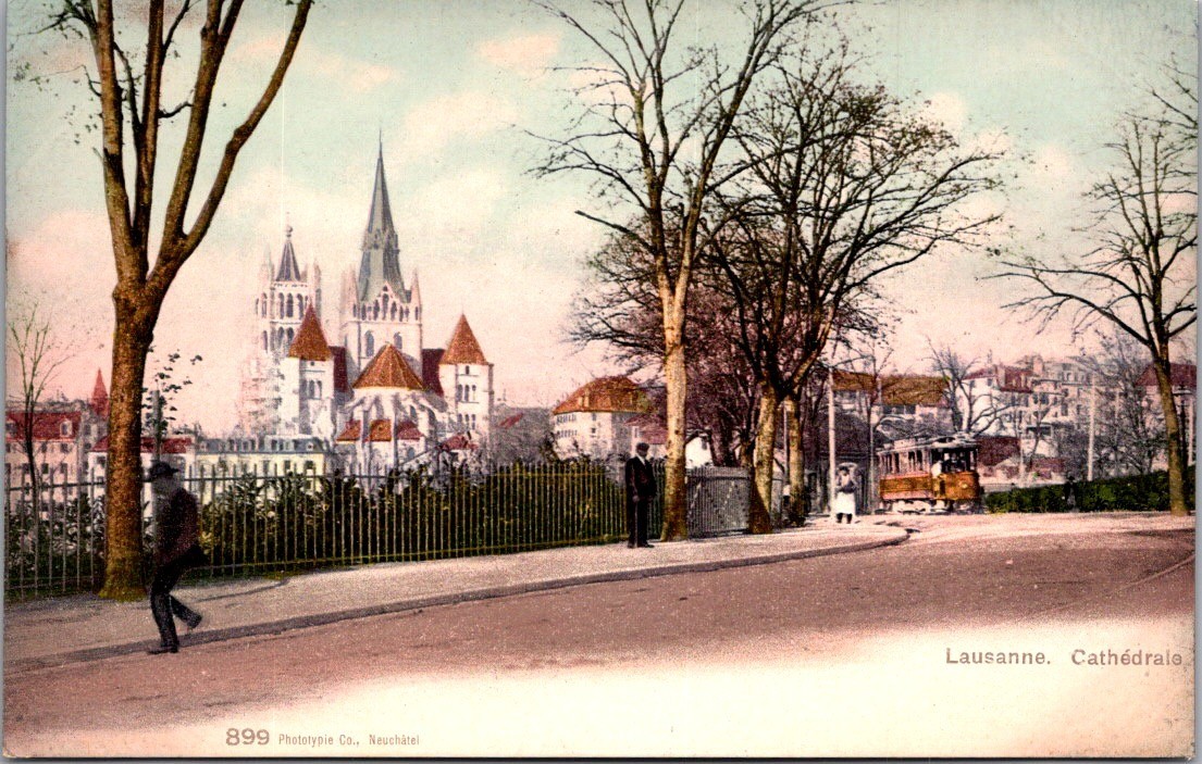 Antique Lausanne Switzerland Postcard Cathedral Street Tram Scene [AA]