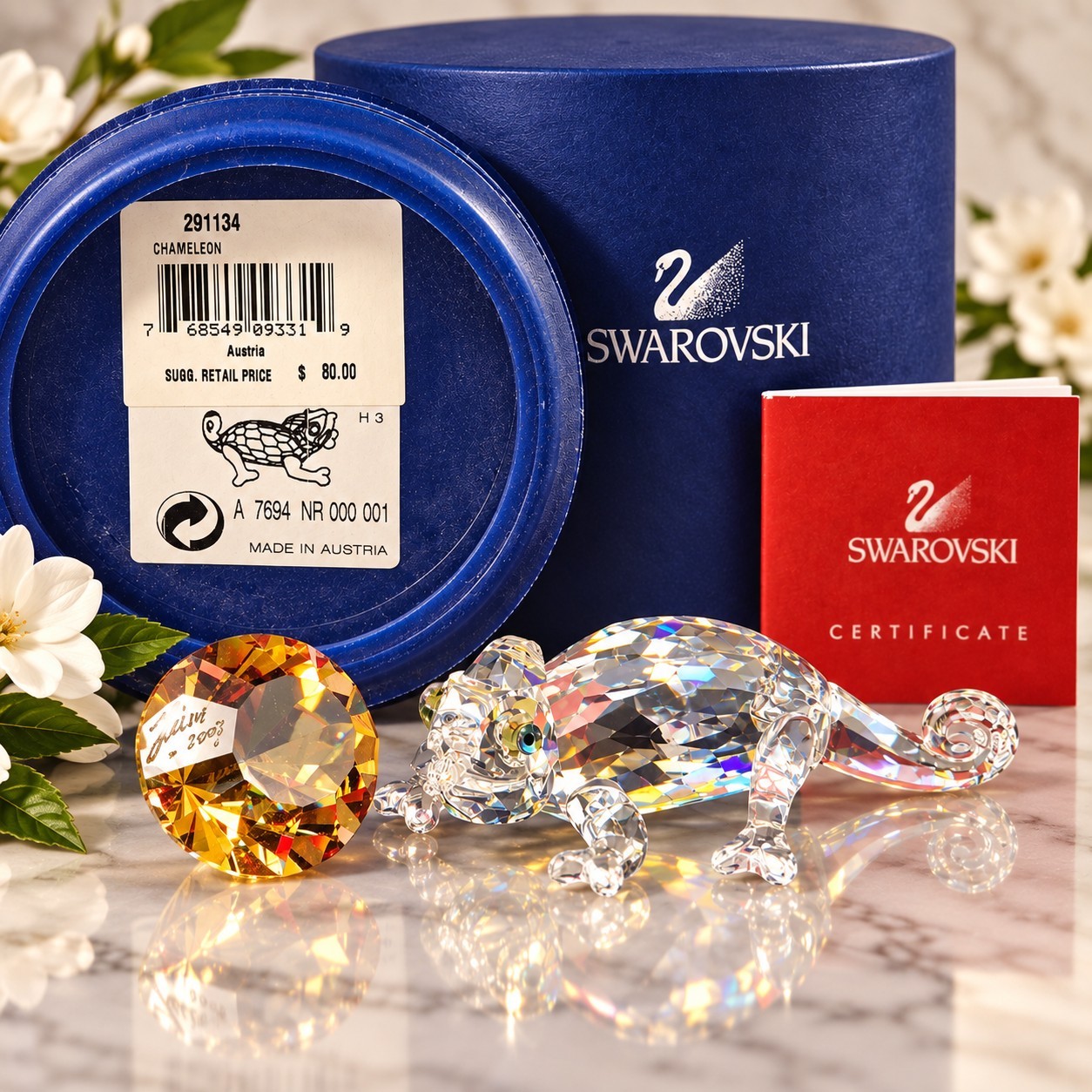 Swarovski Chameleon Signed With Signed Chaton, #291134, Retired, COA, New In Box Swarovski Chameleon Signed With Signed Chaton, #291134, Retired, COA, New In Box