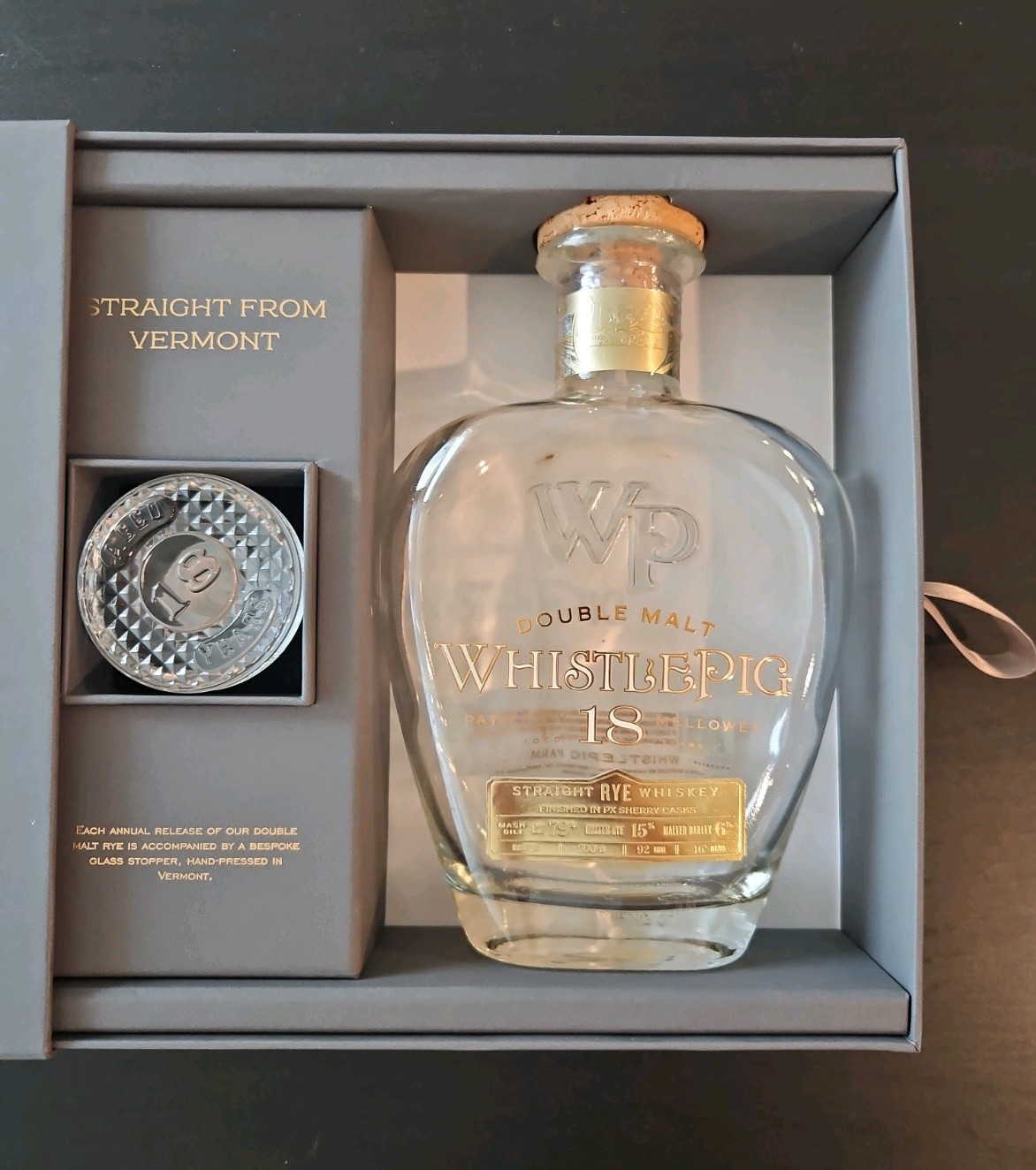 WhistlePig 18 Years Aged Empty Bottle 4th Edition Handmade Glass Stopper W/ Box WhistlePig 18 Years Aged Empty Bottle 4th Edition Handmade Glass Stopper W/ Box