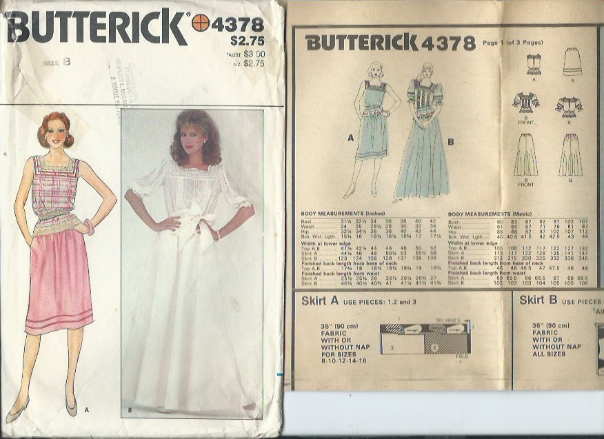 B 4378 sewing pattern 80\'s sweet TOP lovely BLOUSE SKIRT in 2 lengths sew size 8 B 4378 sewing pattern 80\'s sweet TOP lovely BLOUSE SKIRT in 2 lengths sew size 8