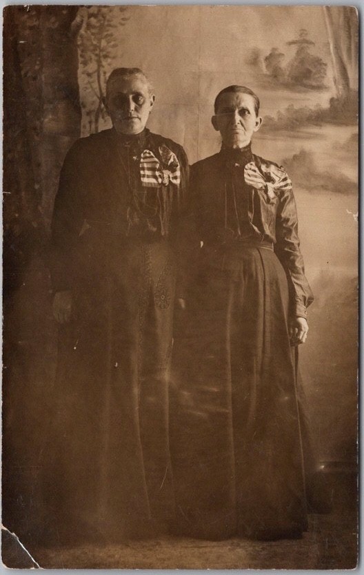 c1910s Real Photo RPPC Postcard Two Women w/ Patriotic U.S. Flag Bows on Dresses