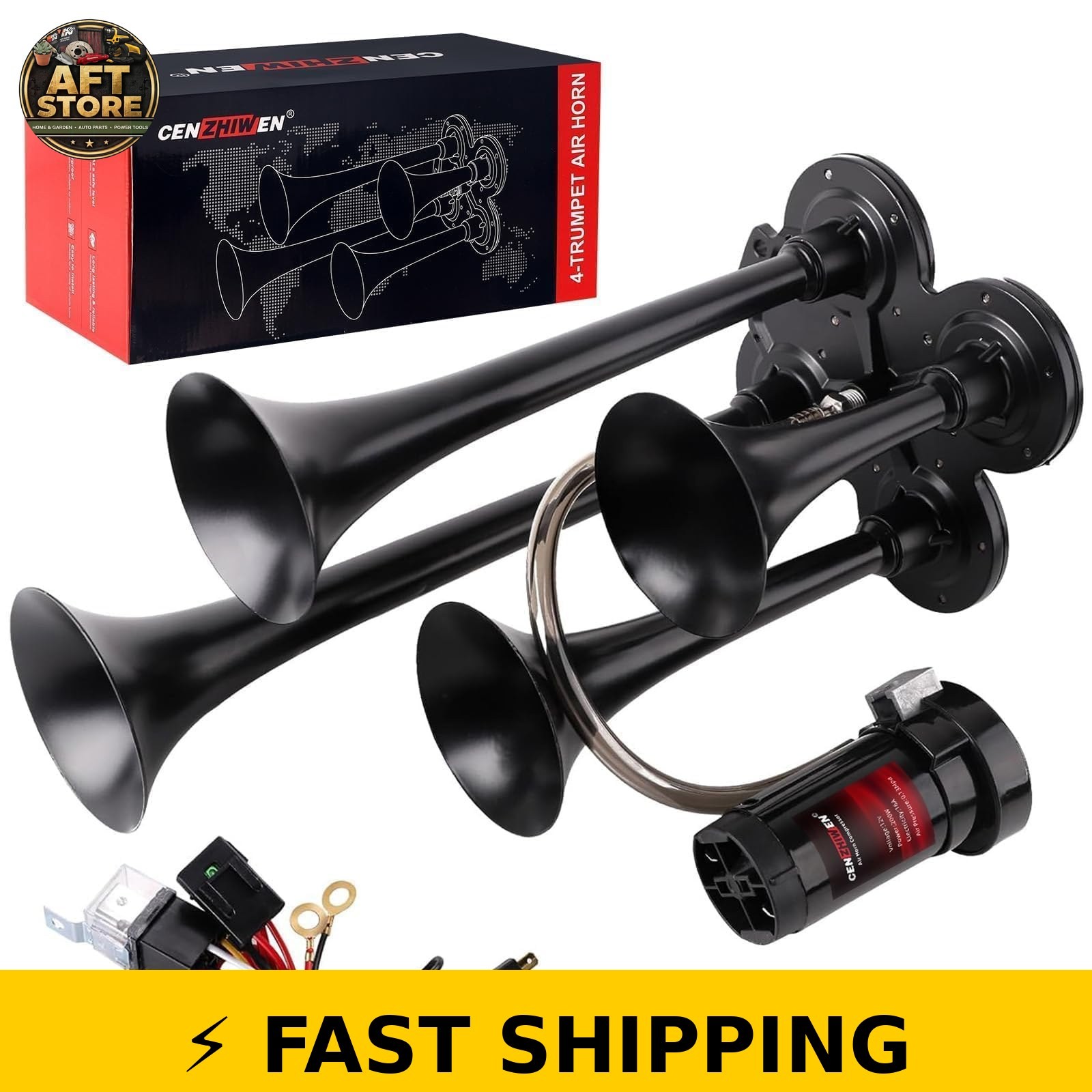 CENZHIWEN 12V Train Horn for Truck with Air Compressor & 4 Trumpets CENZHIWEN 12V Train Horn for Truck with Air Compressor & 4 Trumpets