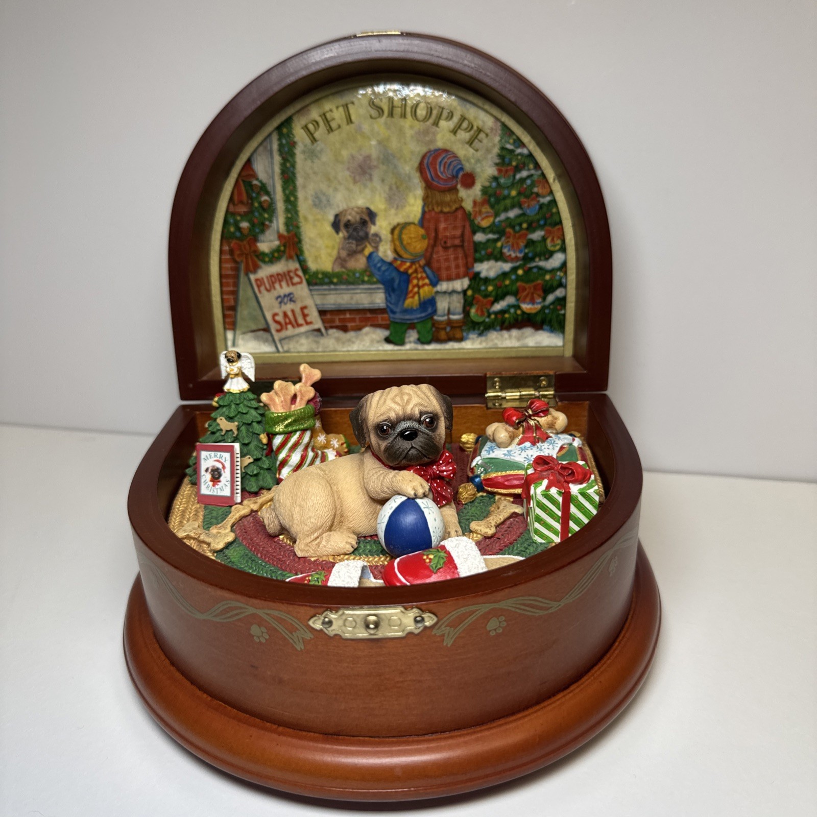 The Danbury Mint “Pug In The Window” Wood Christmas Music Box Dog Whimsical 