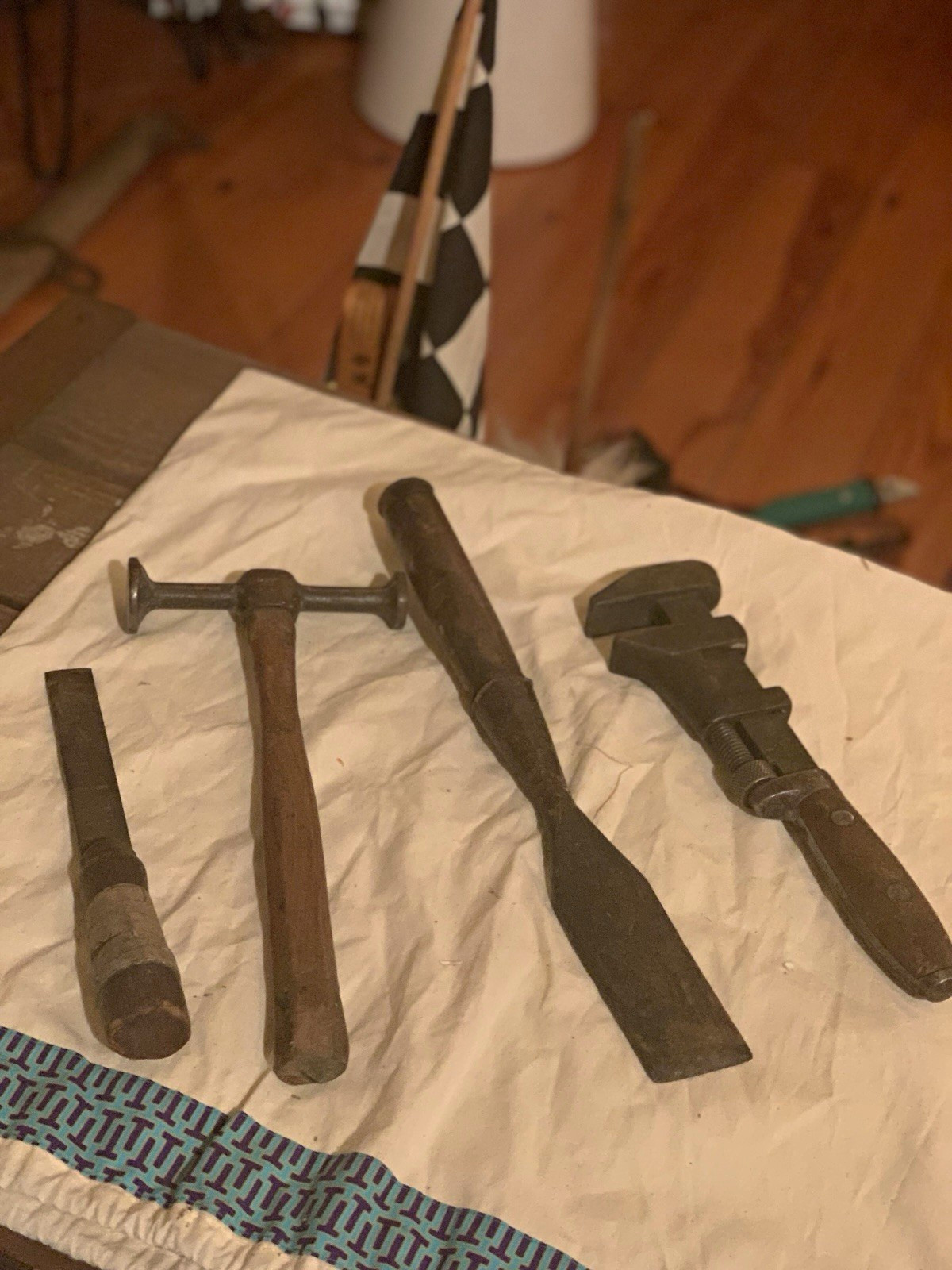 Vintage Hand Tool Lot: Hammer, Chisel, Punch & Adjustable Wrench Vintage Hand Tool Lot: Hammer, Chisel, Punch & Adjustable Wrench