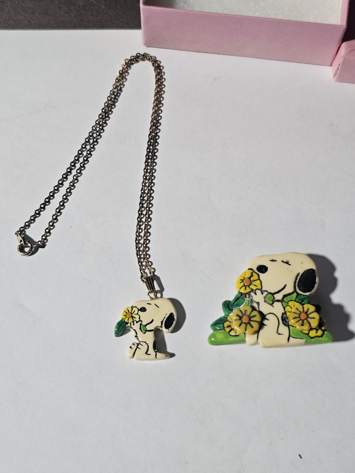 vintage Peanuts Snoopy smelling a flower necklace and brooch With Earrings set.