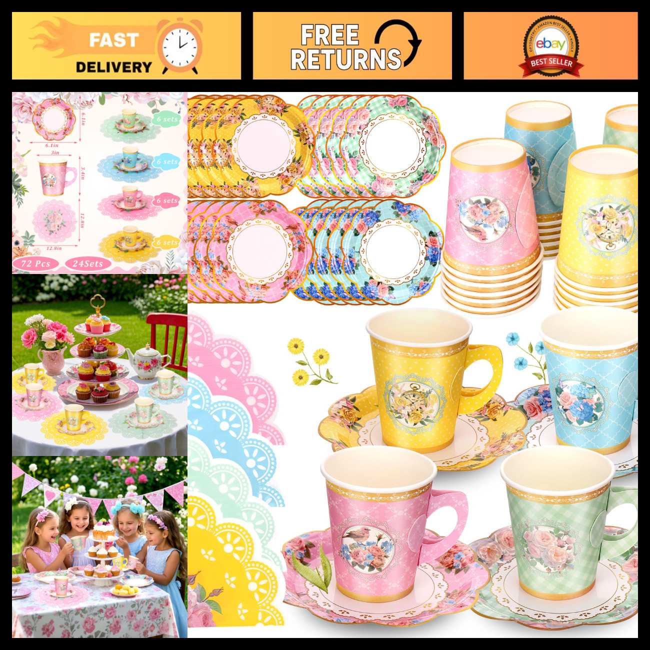 72 Pcs Vintage Floral Disposable Tea Cups & Saucers Set, 9 OZ for Parties & Even 72 Pcs Vintage Floral Disposable Tea Cups & Saucers Set, 9 OZ for Parties & Even