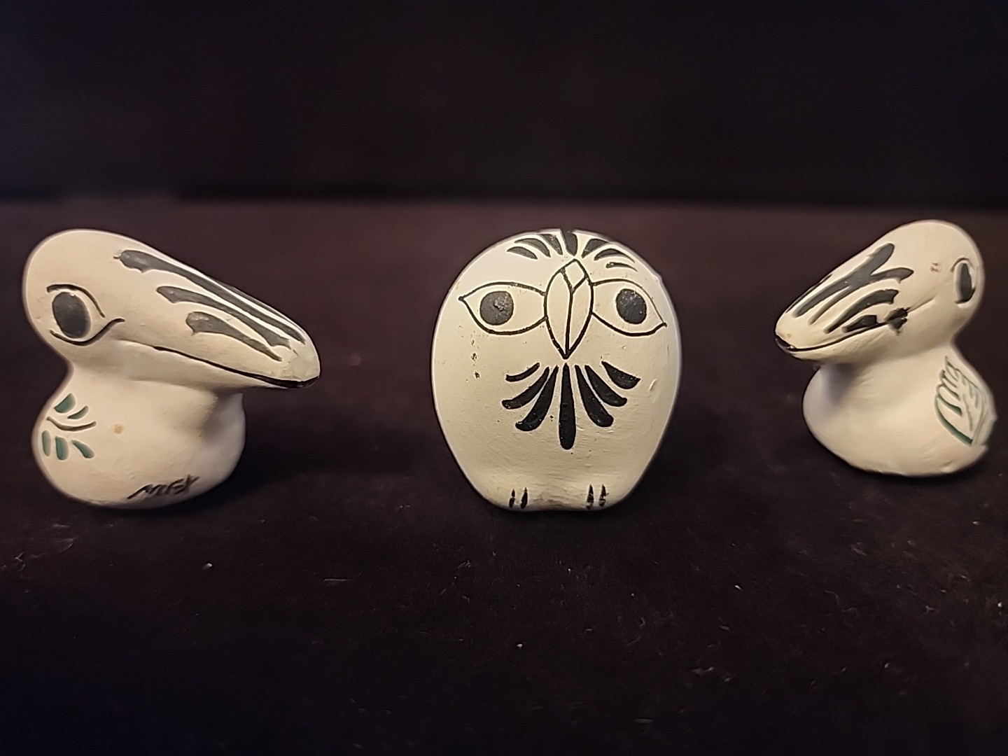 Tonala Mexican folk art pottery two birds & Owl figurines
