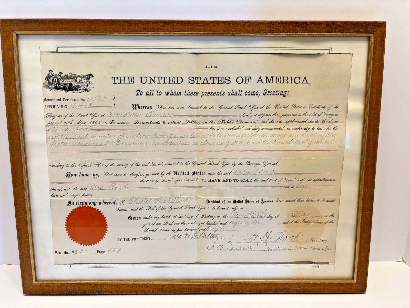 1882 Antique Homestead Certificate Chester A Arthur Signed Land Patent Kansas