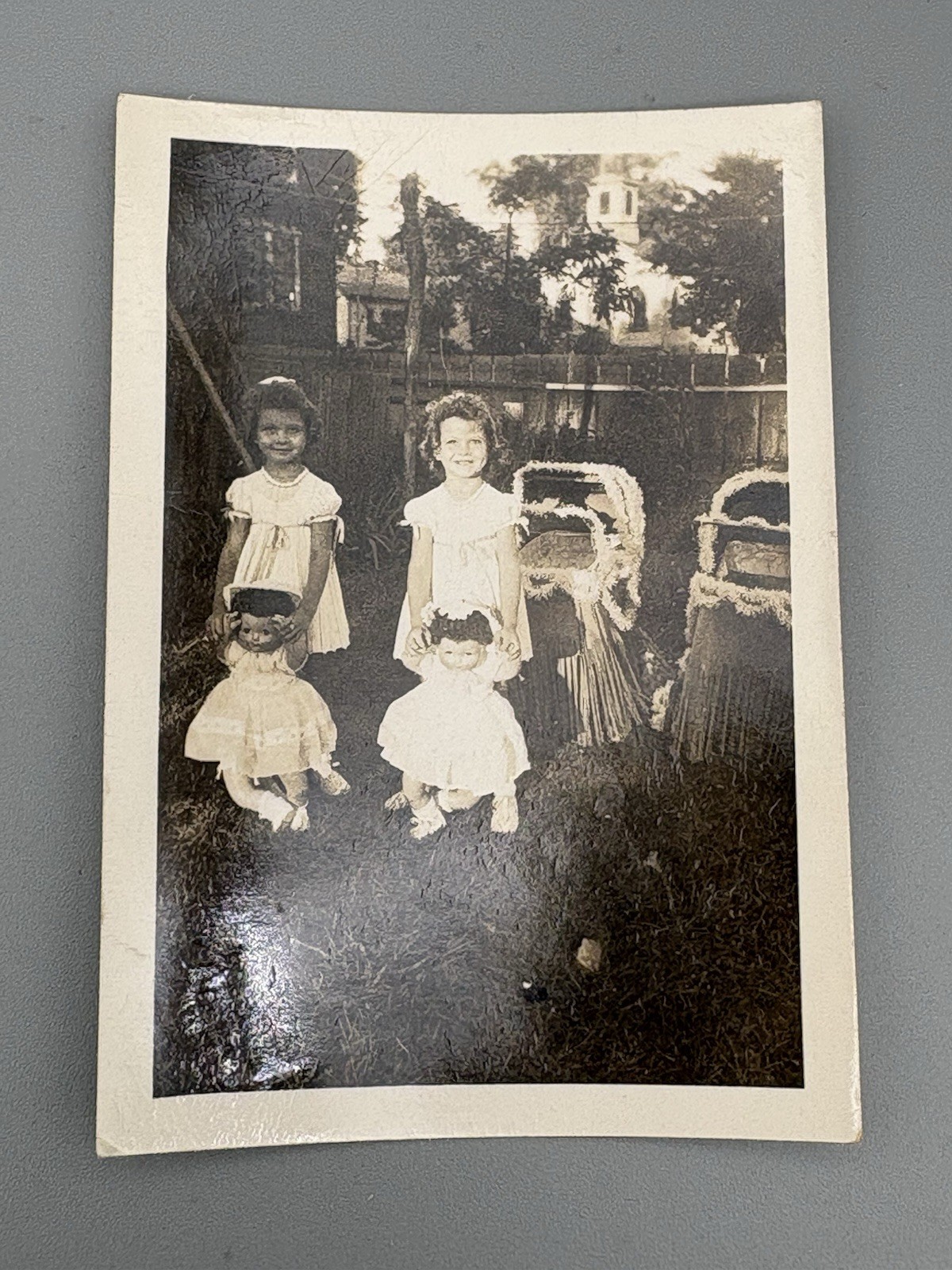 Vintage Little Girls Twins w/ Doll Baby & Stroller Original Photo 1944