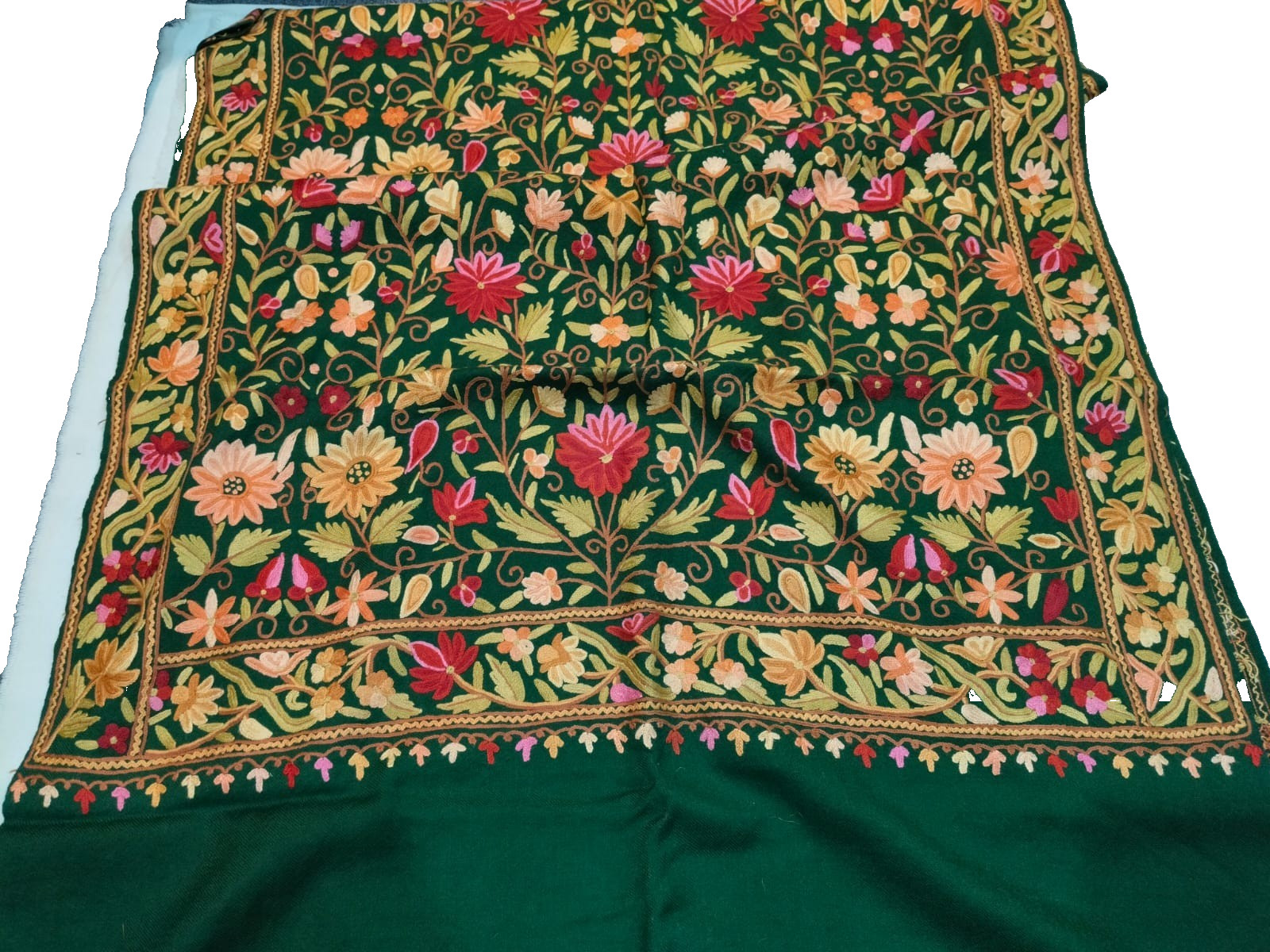 Ethnic Kashmiri Embroidered Wool Shawl Green Wrap Evening Stole Cape 28\ Ethnic Kashmiri Embroidered Wool Shawl Green Wrap Evening Stole Cape 28\