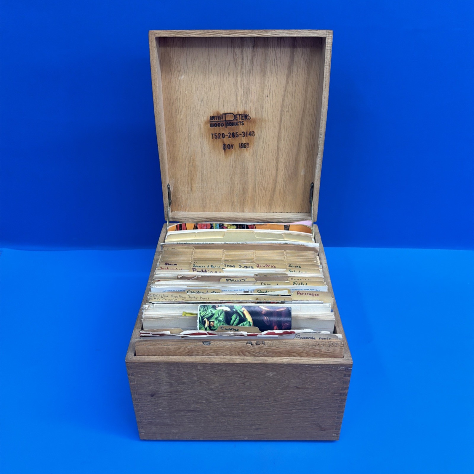 Vintage 1963 Artist Peters Wooden Recipe Box w/ Handwritten Recipes & Clippings