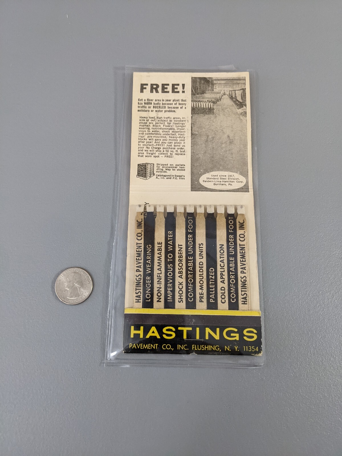 Vintage Antique Giant Large Match book Hastings Pavement Co 3.25 Inches Postcard