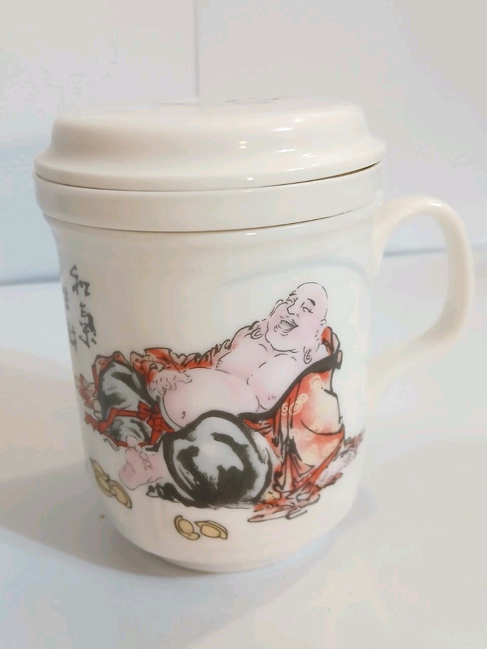 VTG Ho San Fine Bone China 3 Piece Tea Set Laughing Buddha Mug + Lid + Strainer VTG Ho San Fine Bone China 3 Piece Tea Set Laughing Buddha Mug + Lid + Strainer