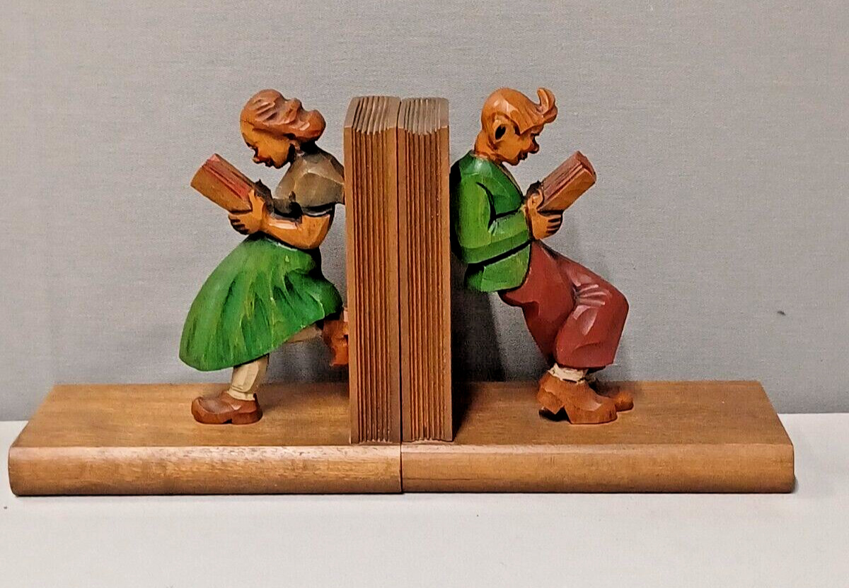 MCM Hand  Carved Wooden Sculpture Bookends Boy & Girl Reading  Germany Unsigned