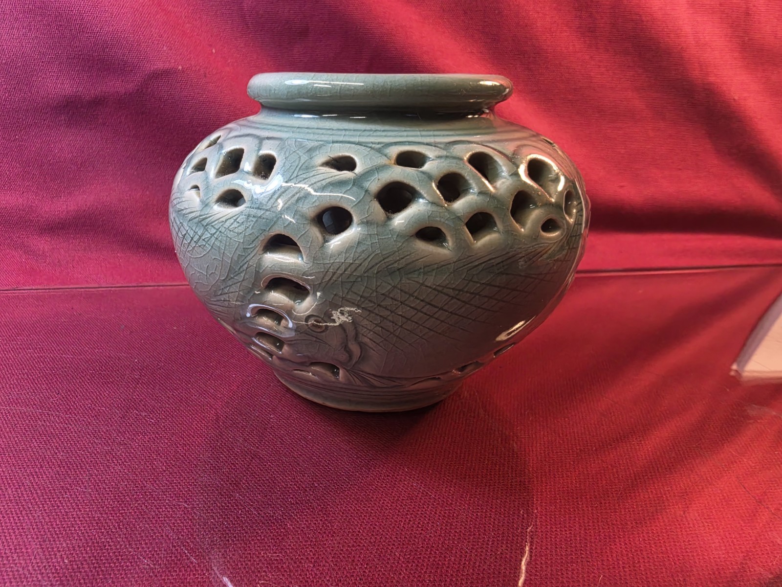 VTG Korean Celadon Double Wall Reticulated 4 Fish Pot Vase Signed VTG Korean Celadon Double Wall Reticulated 4 Fish Pot Vase Signed