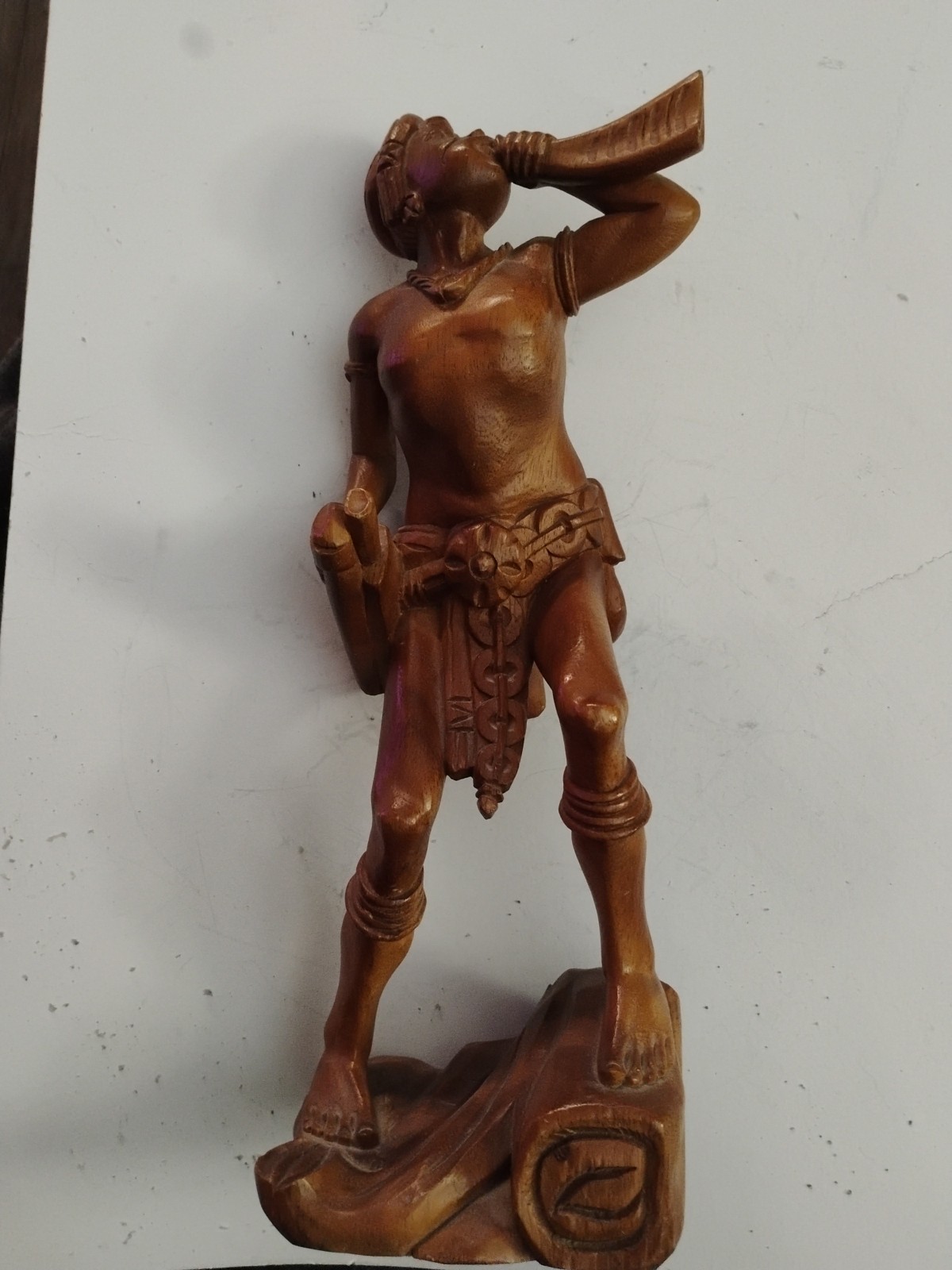 Hand Carved Wooden Tribal Warrior Blowing Horn 12 Inch Tall.