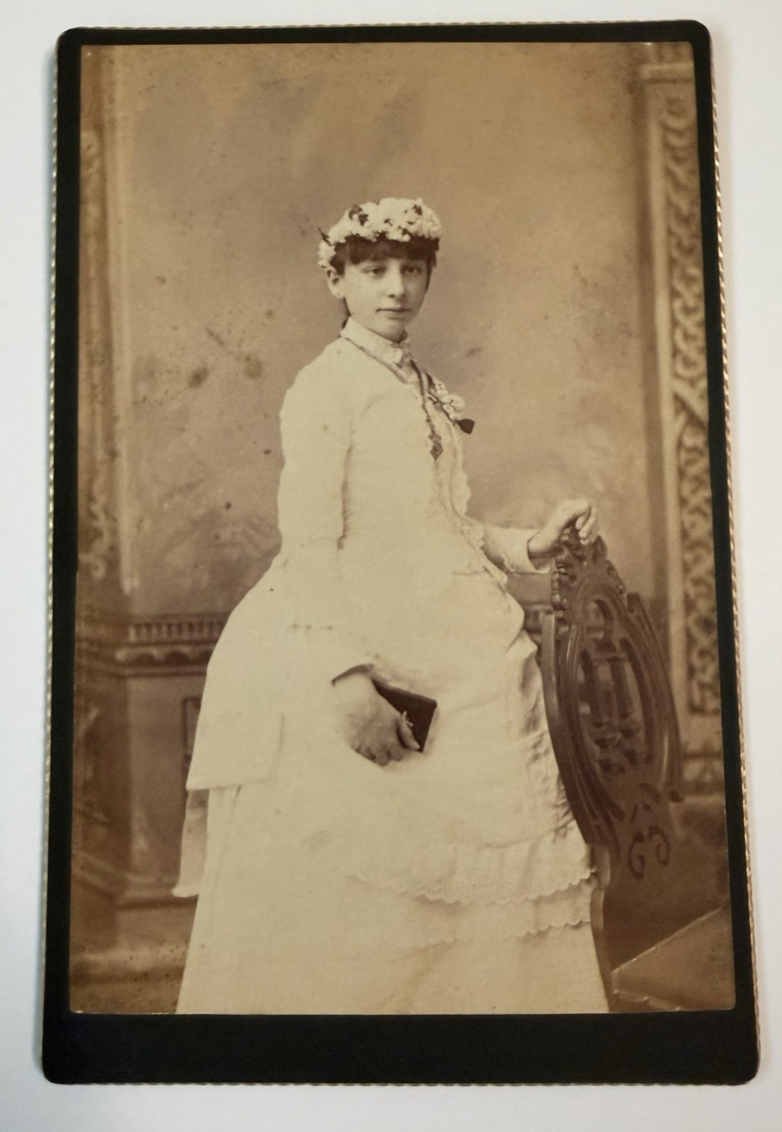 Vtg Cabinet Photo 1890s Young Woman Flower Crown 1st Communion Drury LeRoy NY *