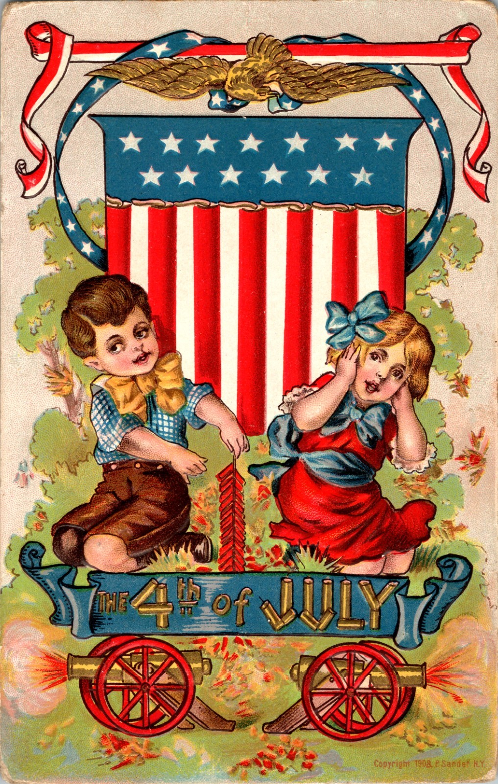 1908 4th of July Children Firecracker Eagle Postcard Noxen PA Cancel