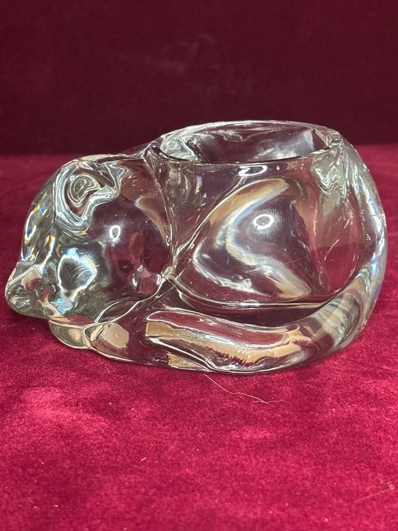 VTG Indiana Glass Clear Sleeping Cat Votive Candle Holder HEAVY Trinket Jar VTG Indiana Glass Clear Sleeping Cat Votive Candle Holder HEAVY Trinket Jar