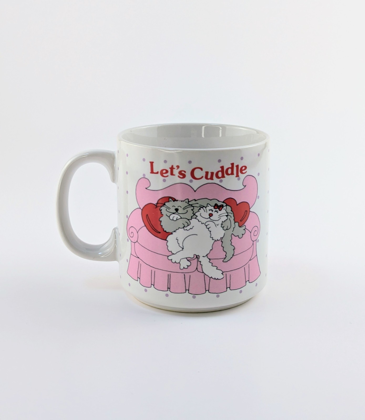 Vintage Russ Berrie “Let’s Cuddle” Cat Coffee Mug Pink Couch Made in Korea Vintage Russ Berrie “Let’s Cuddle” Cat Coffee Mug Pink Couch Made in Korea