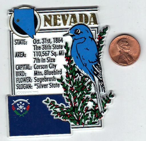 NEVADA  STATE MONTAGE FACTS MAGNET with state  bird  flower  and flag, 