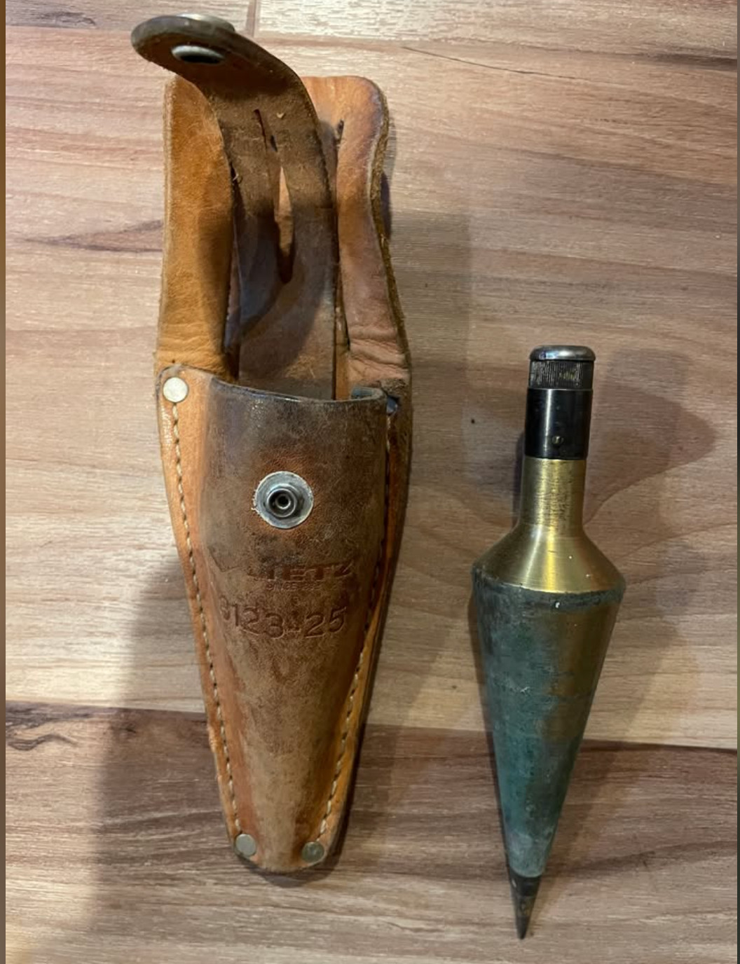 Vintage Lietz Brass Plumb Bob Model 8123-25 with Original Stamped Leather Sheath Vintage Lietz Brass Plumb Bob Model 8123-25 with Original Stamped Leather Sheath