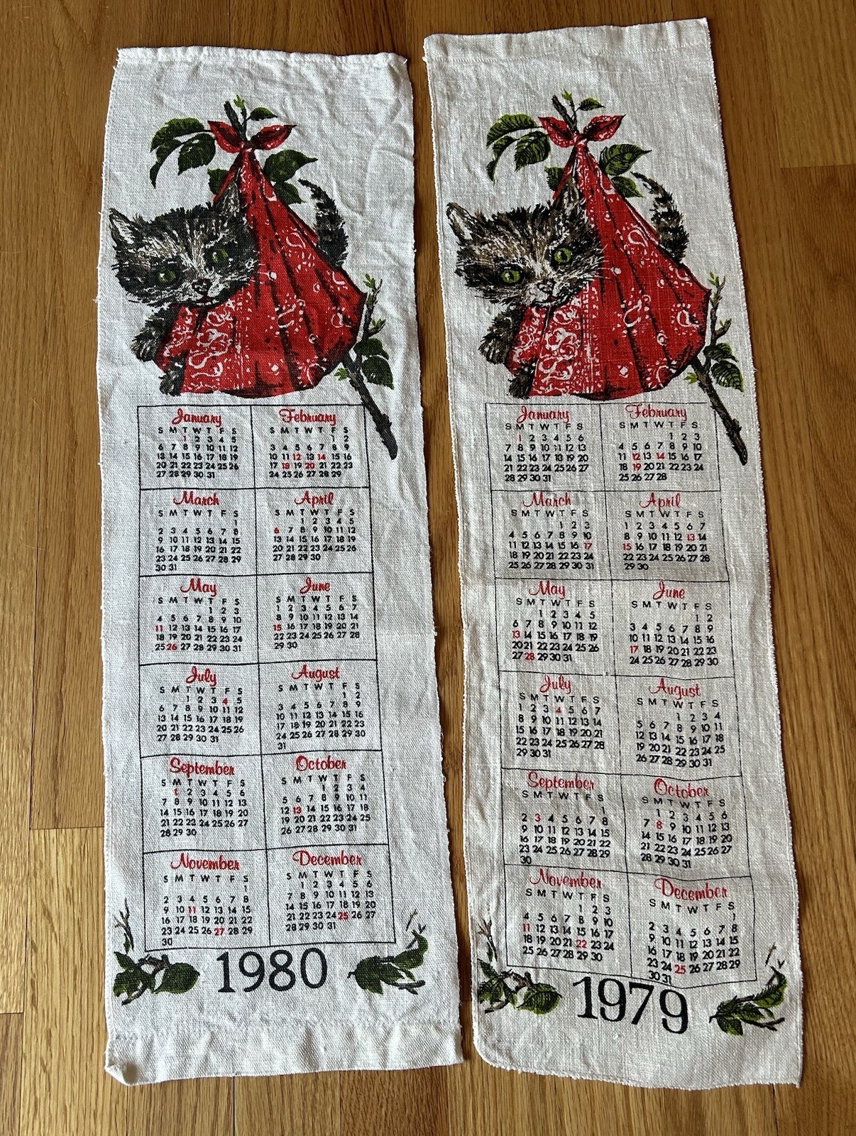 Vintage 1979/80 Linen Kitchen Tea Towels - Calendar Design - Kitten Themed - 2