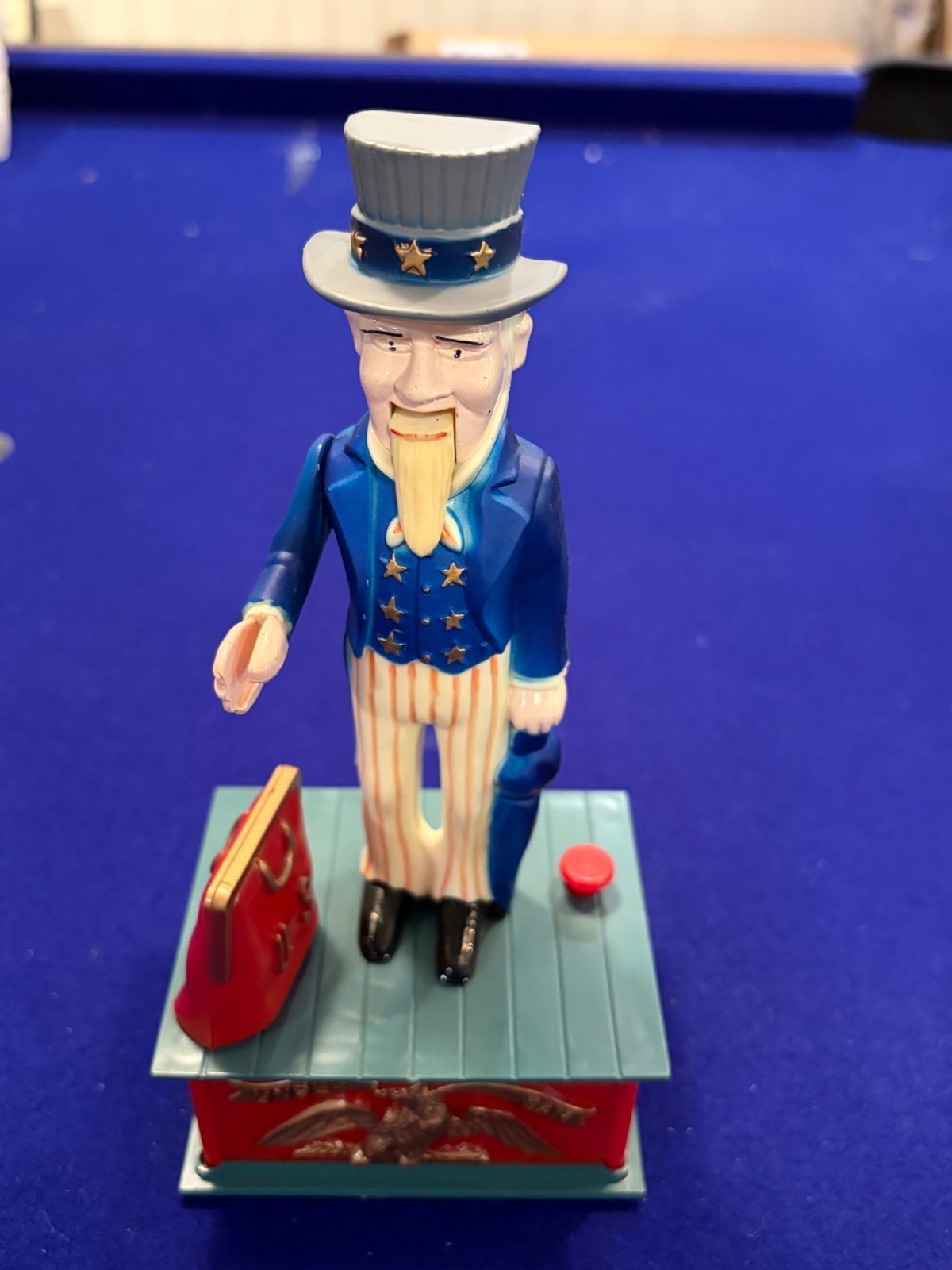 Vintage 1970s Emson Uncle Sam Mechanical Coin Bank Plastic Push Button HK