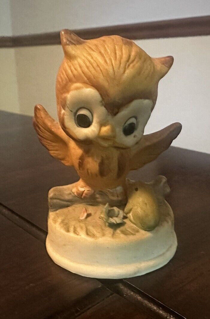 Vintage Owl Ceramic Bisque with Frog Napco Bird Figurine