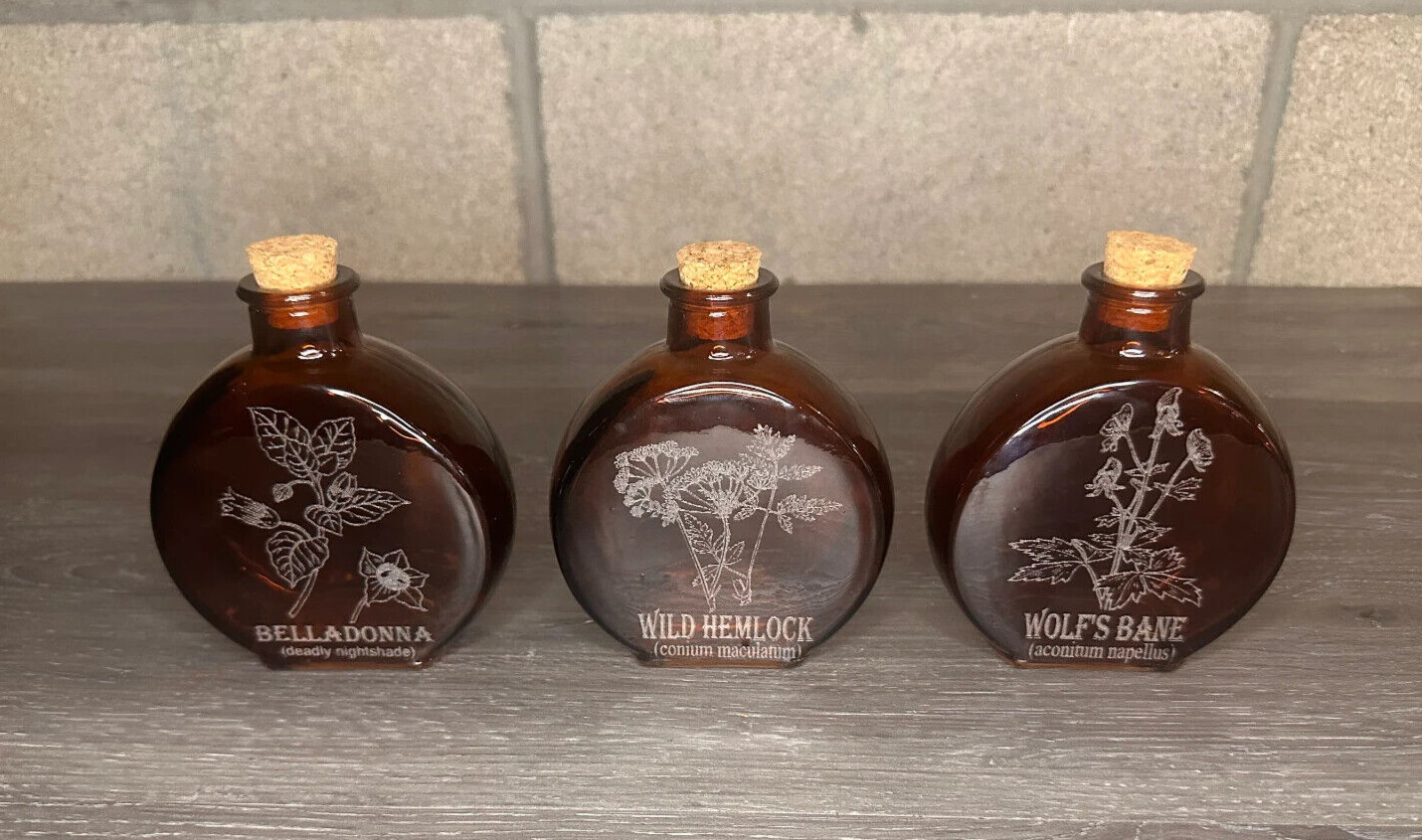 Wolf's Bane Hemlock Belladonna Etched Amber Glass Apothecary Bottle Set 5.7 oz Wolf's Bane Hemlock Belladonna Etched Amber Glass Apothecary Bottle Set 5.7 oz