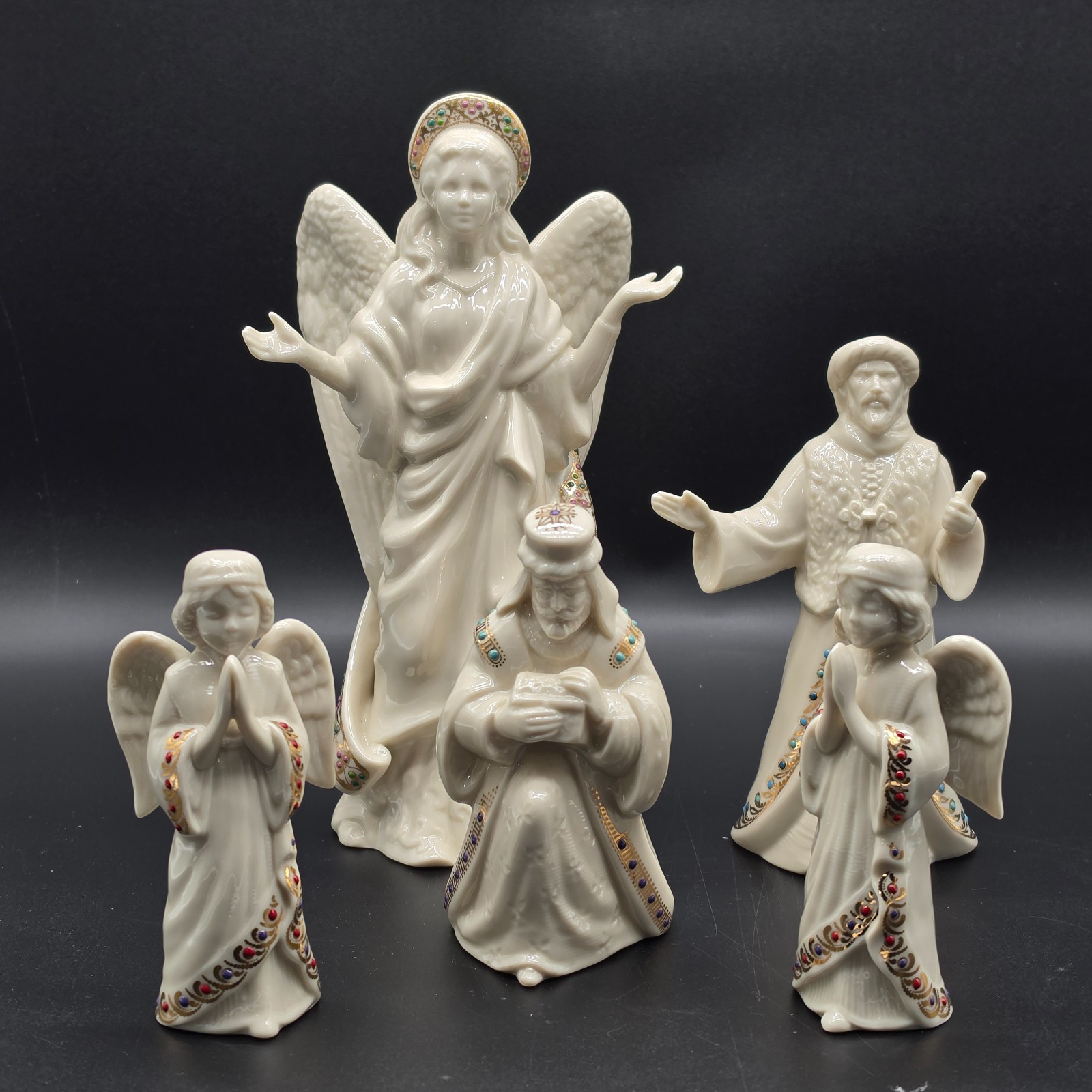 Vintage Lenox China Jewels Nativity 5 Pc Figurine Lot Angels Joseph Wiseman