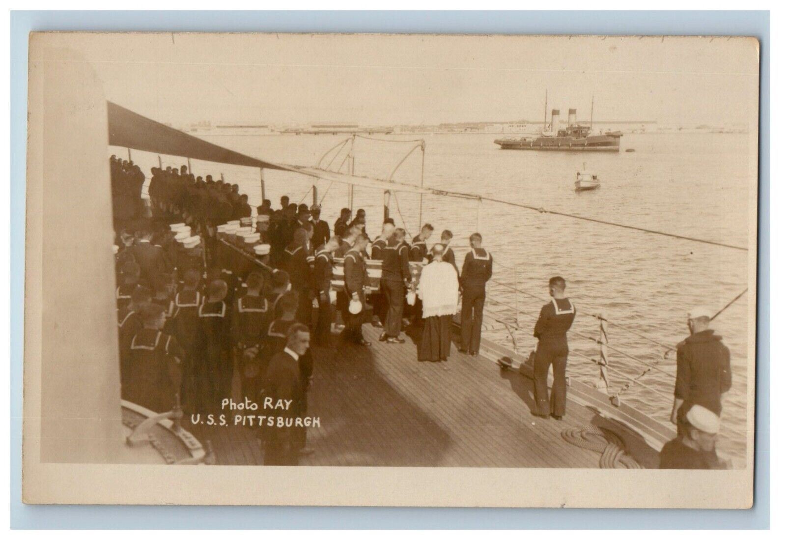 c1920's U.S.S. Pittsburgh Funeral At Sea Flag Casket RPPC Photo Vintage Postcard c1920's U.S.S. Pittsburgh Funeral At Sea Flag Casket RPPC Photo Vintage Postcard